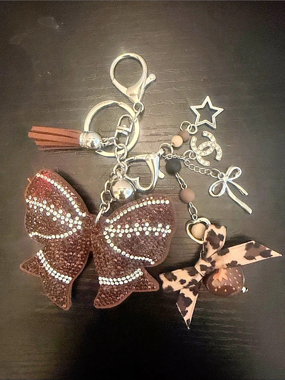Inspired Bow Charm Keychain Brown Silver